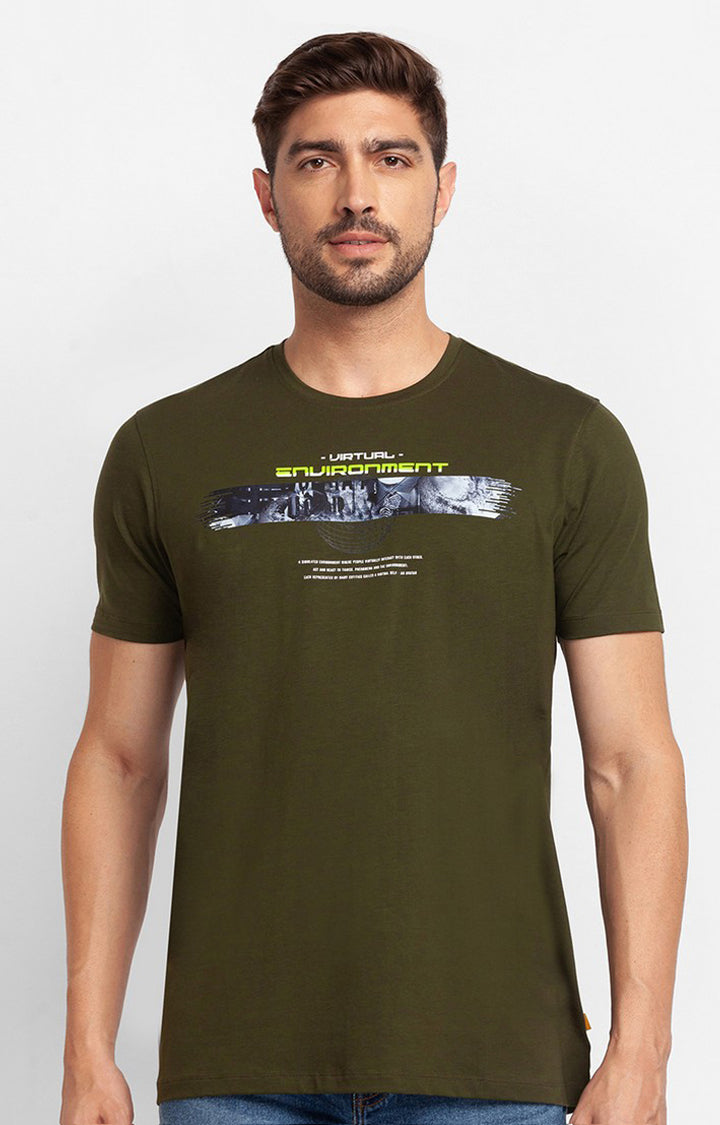 Spykar Rifle Green Cotton Half Sleeve Printed Casual T-Shirt For Men