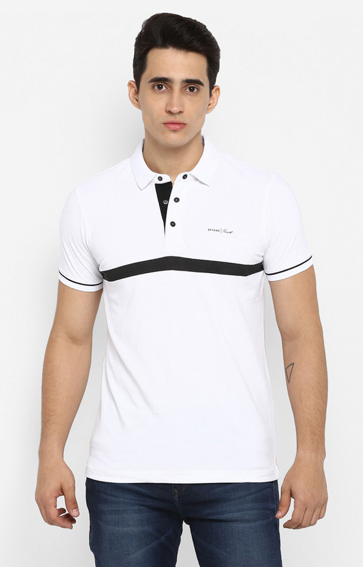 Spykar White Striped Slim Fit Polo T-Shirt