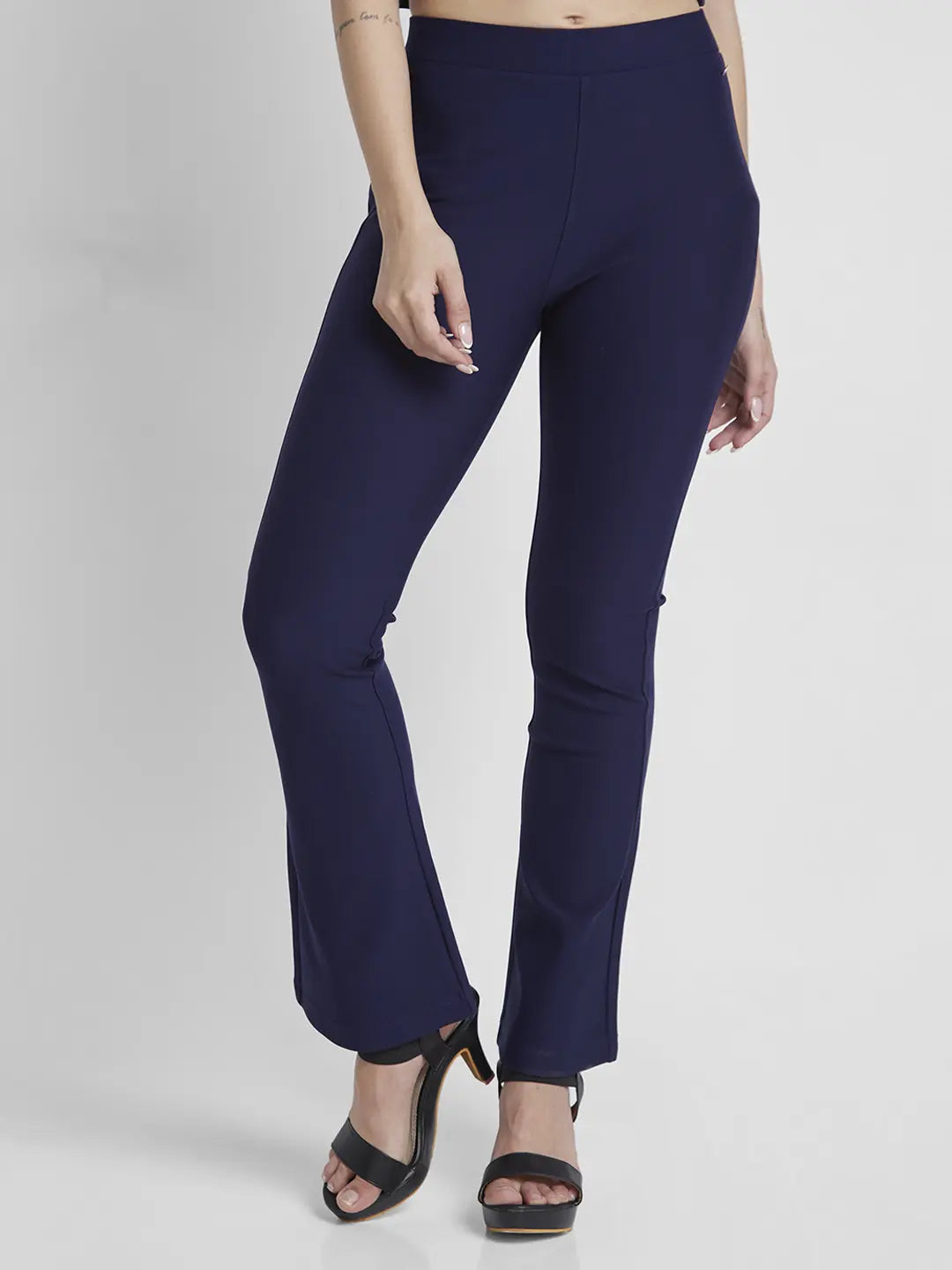 Spykar Women Navy Blue Blended Bell Bottom Fit Ankle Length Trackpant