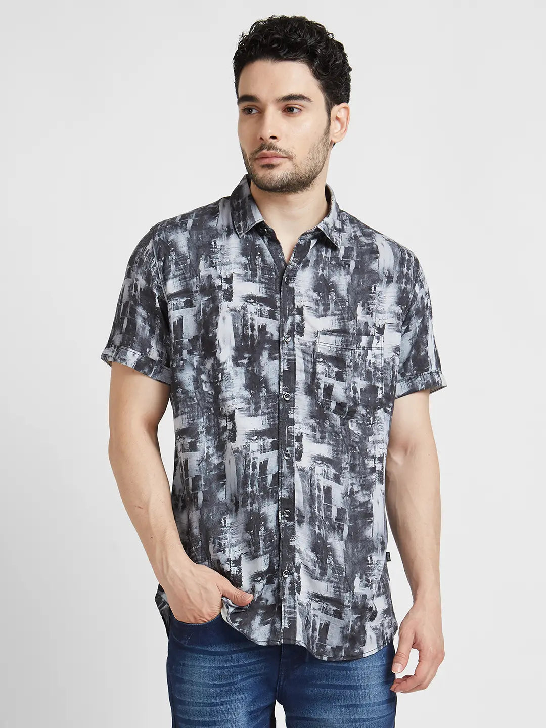 Spykar Men Black Viscose Regular Slim Fit Half Sleeve Printed Shirt