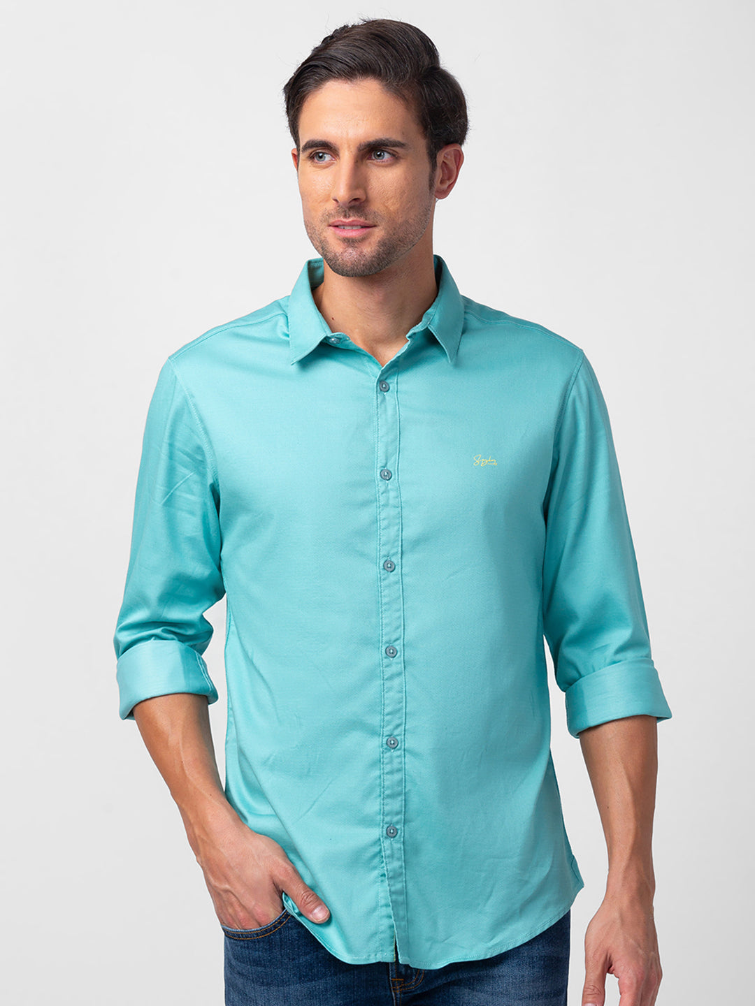 Spykar Men Cool Blue Cotton Slim Fit Plain Shirt