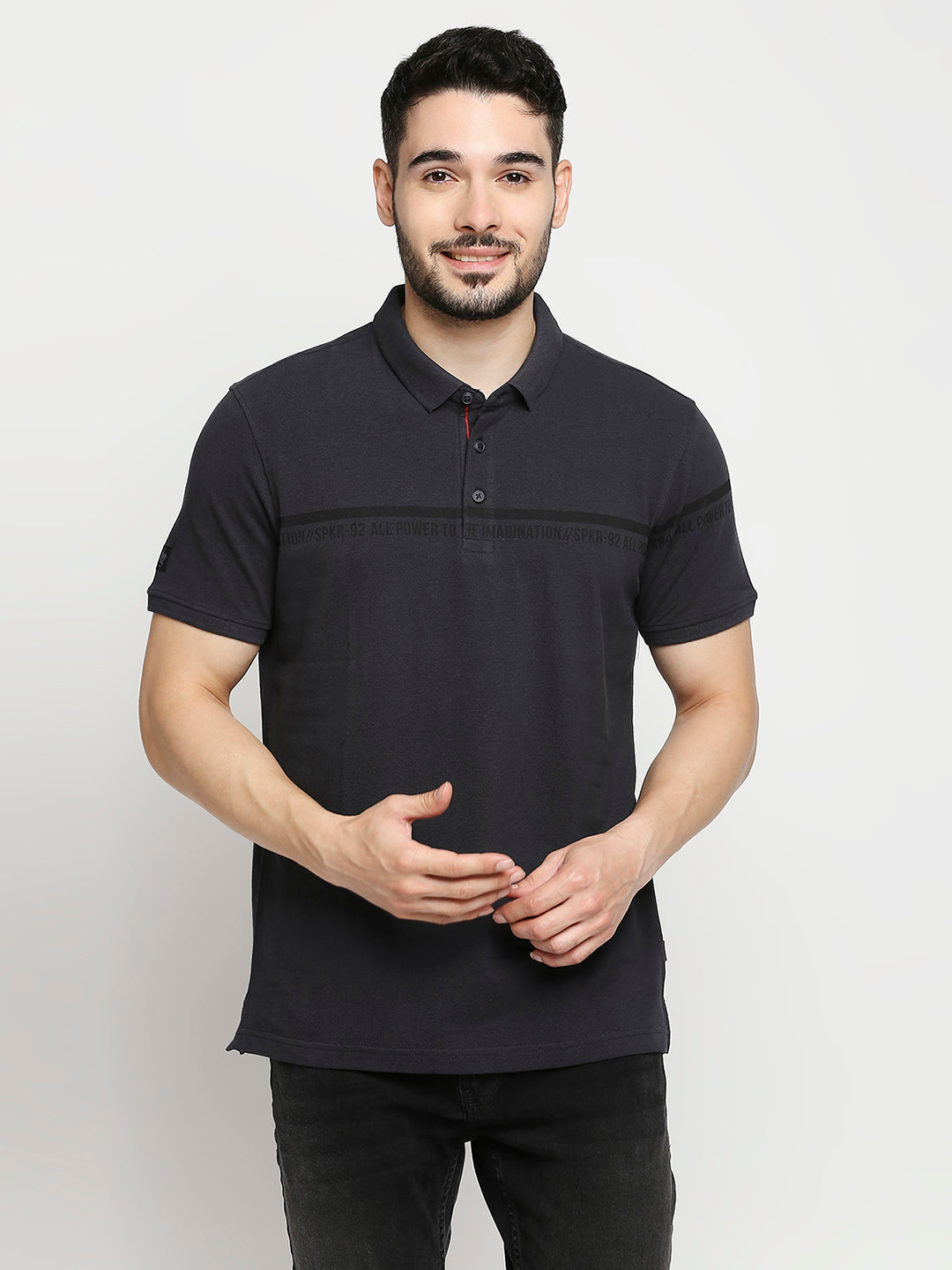 Spykar Slate Grey Cotton Half Sleeve Printed Polo T-Shirts For Men