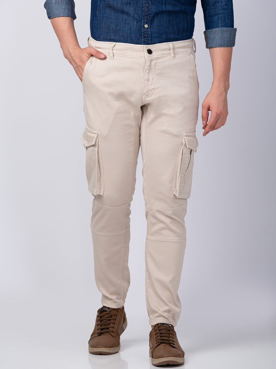 Spykar Men Fawn Lycra Slim Fit Ankle Length Trouser Cargo Pants