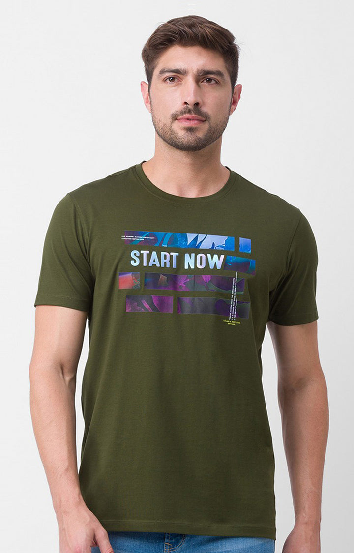 Spykar Rifle Green Cotton Half Sleeve Printed Casual T-Shirt For Men