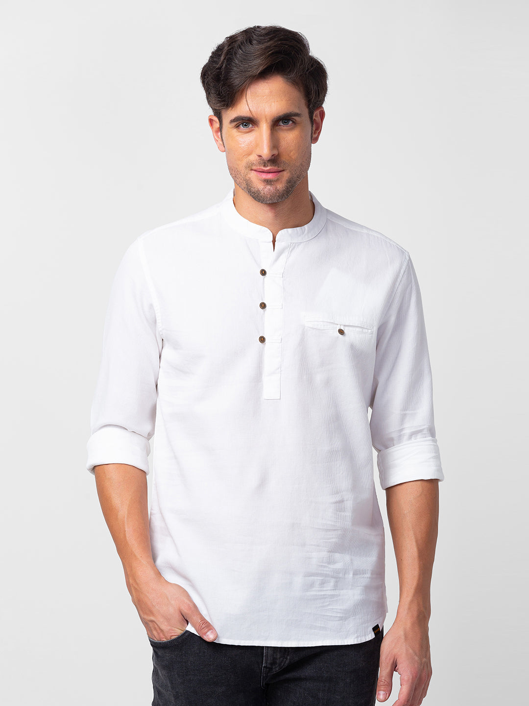 Spykar Men White Cotton Slim Fit M and arin Collar Plain Kurta