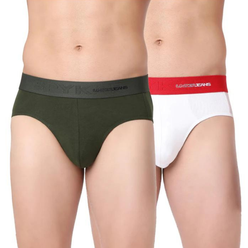 Men Premium Olive & White Cotton Blend Brief (Pack Of 2)- Underjeans By Spykar