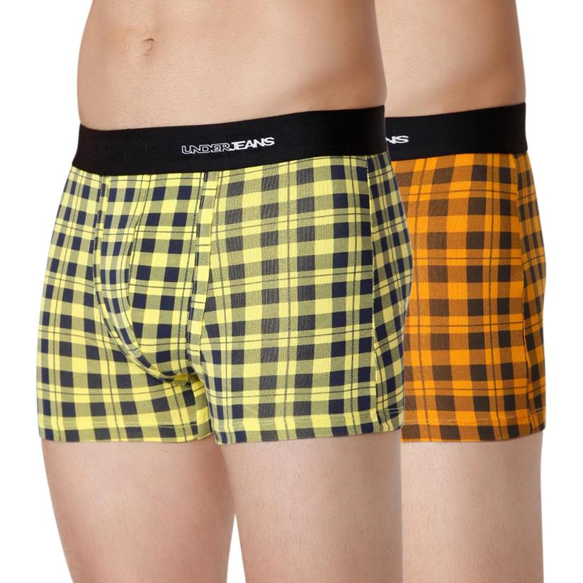 Men Premium Orange Check & Yellow Check Cotton Blend Trunk (Pack Of 2)- Underjeans By Spykar