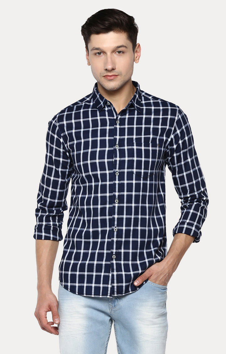 Spykar Men'S Blue Cotton Checked Casual Shirts