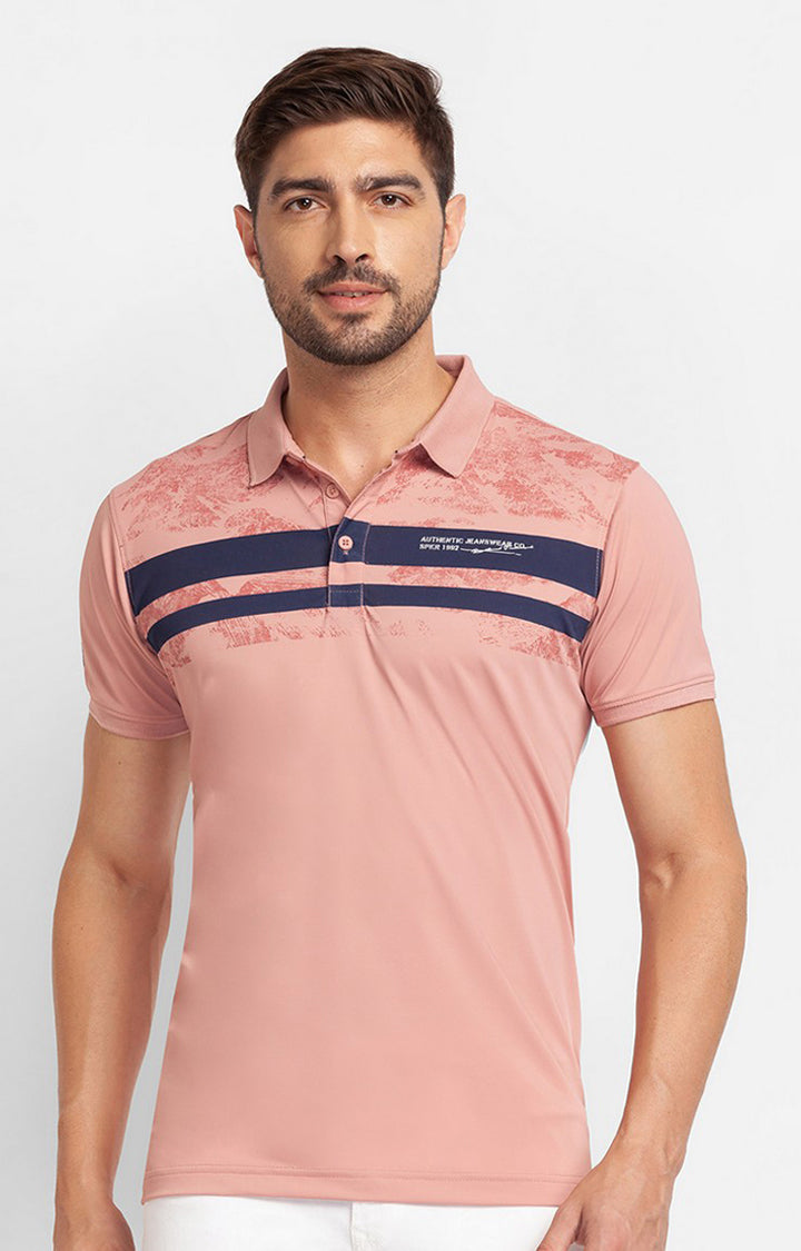 Spykar Dusty Pink Cotton Half Sleeve Printed Casual Polo T-Shirt For Men