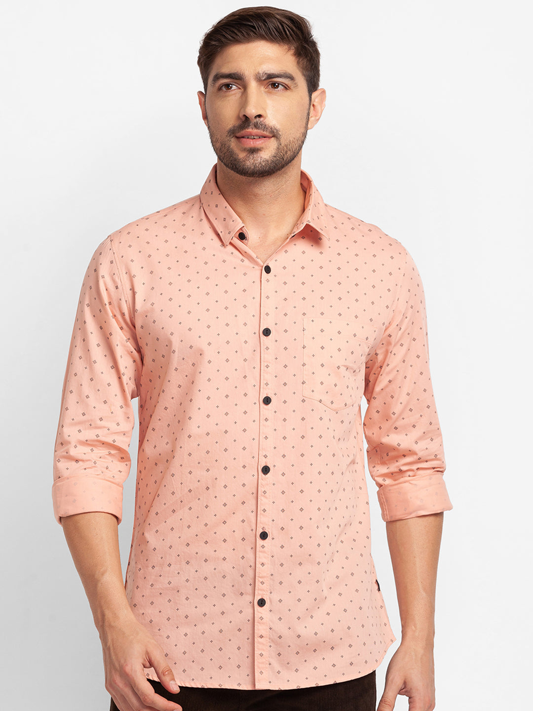 Spykar Dusty Pink Cotton Full Sleeve Printed Shirt For Men