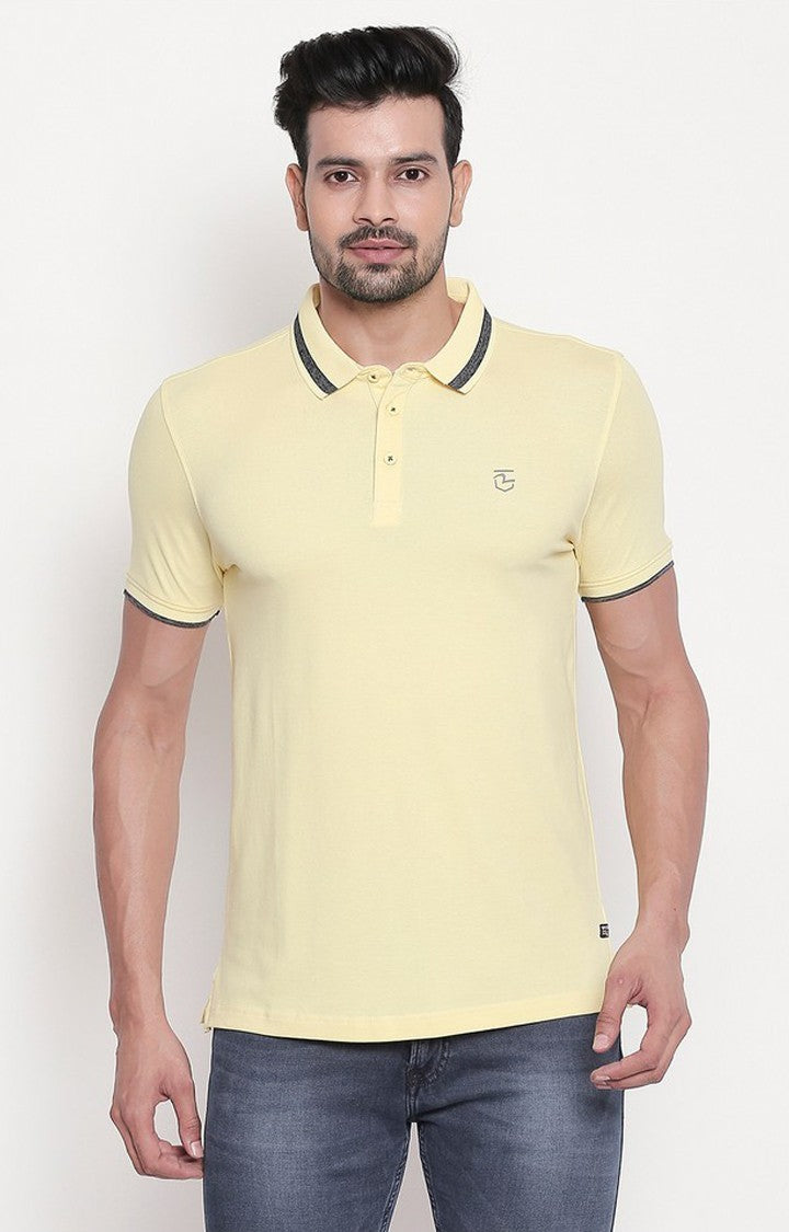 Spykar Men Yellow Cotton Slim Fit Polo T-Shirt