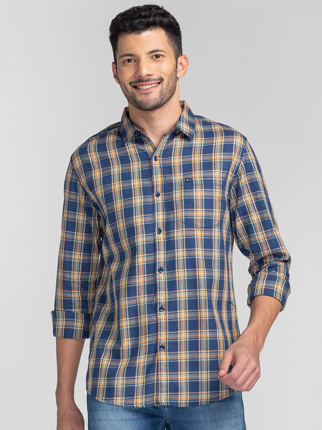 Spykar Men Indigo Blue Cotton Regular Fit Checkered Shirts