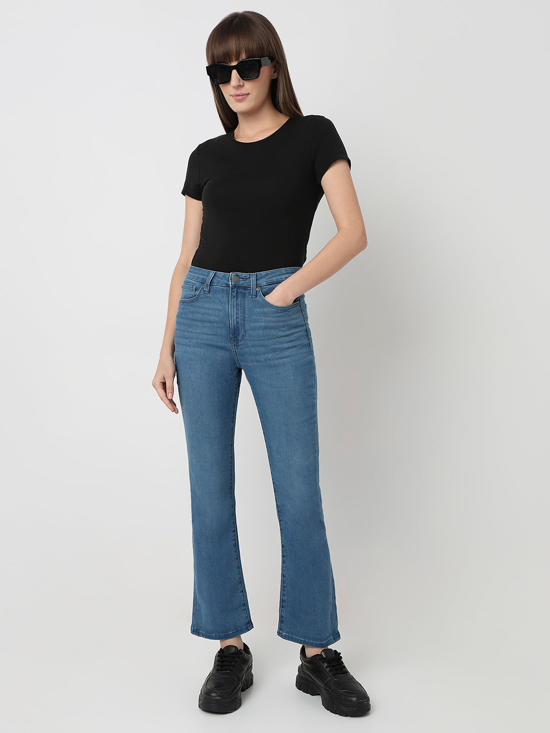 Spykar Mid Blue High Rise Boot Cut Fit Casual Jeans For Women