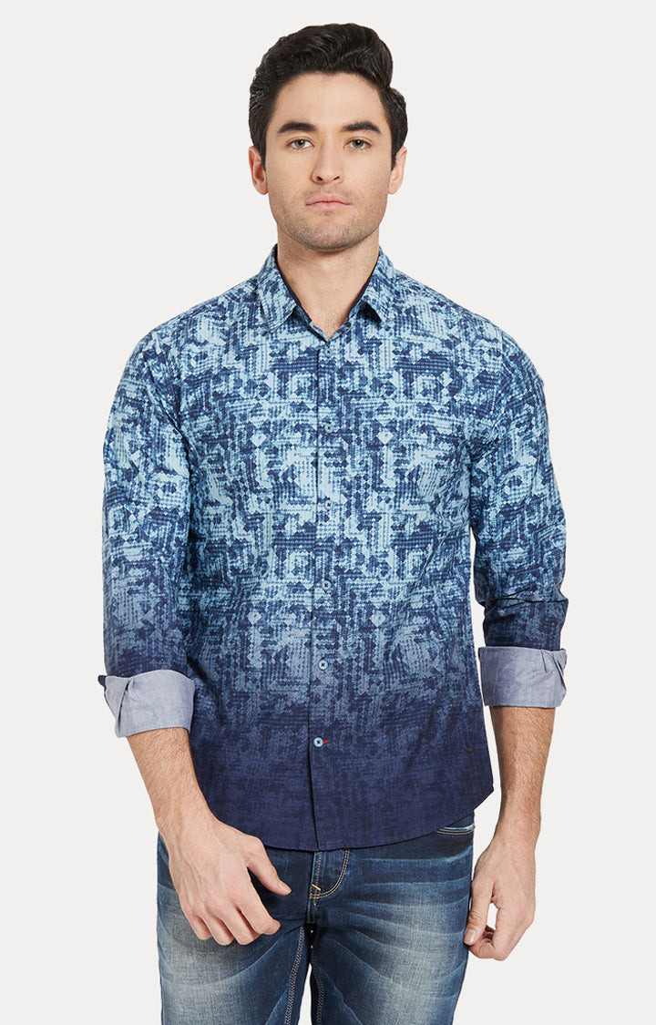 Spykar Men Blue Cotton Slim Fit Full Sleeve Printed Shirt