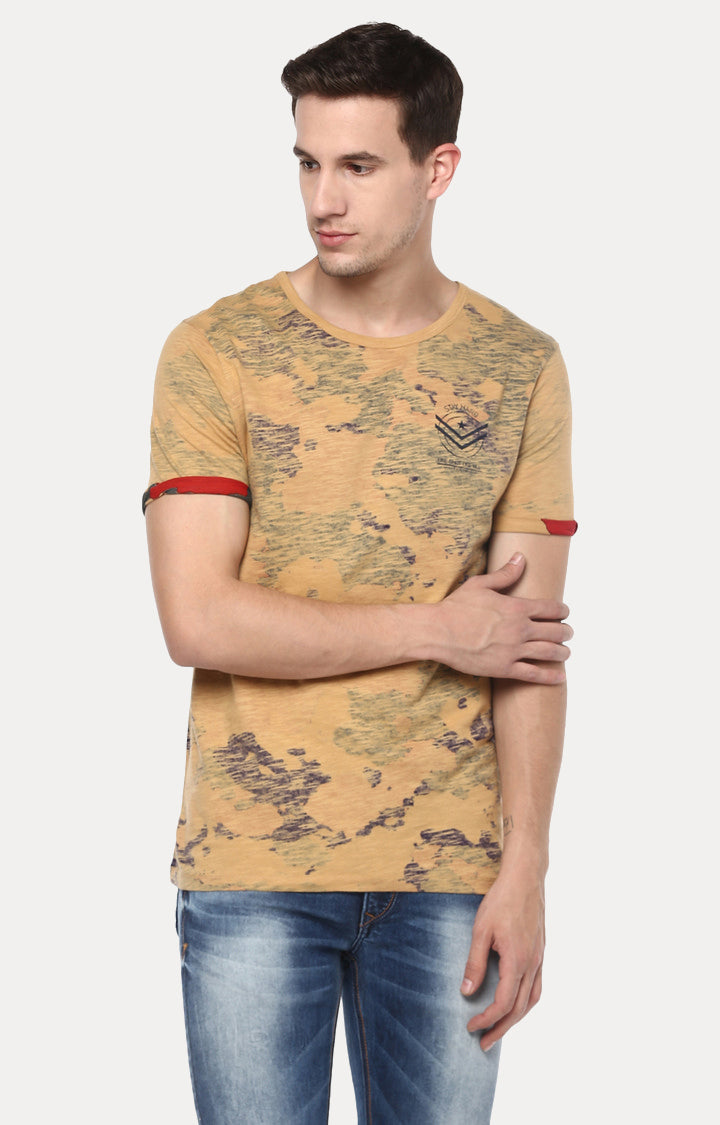 Spykar Beige Cotton Slim Fit T-Shirt For Men