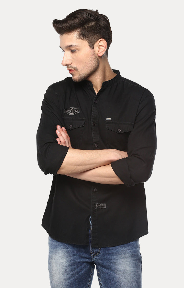 Spykar Black Cotton Slim Fit Shirts For Men