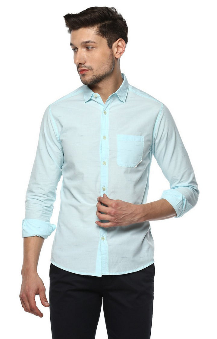 Spykar Blue Cotton Slim Fit Shirts For Men