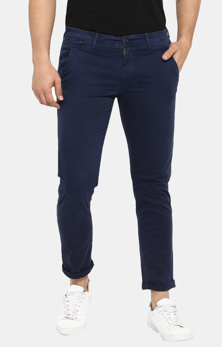 Spykar Men Blue Cotton Slim Fit Casual Trousers