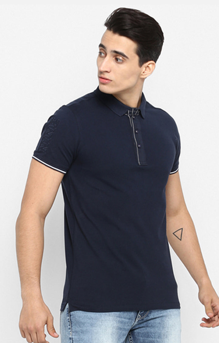 Spykar Men Blue Cotton Slim Fit Polo T-Shirt