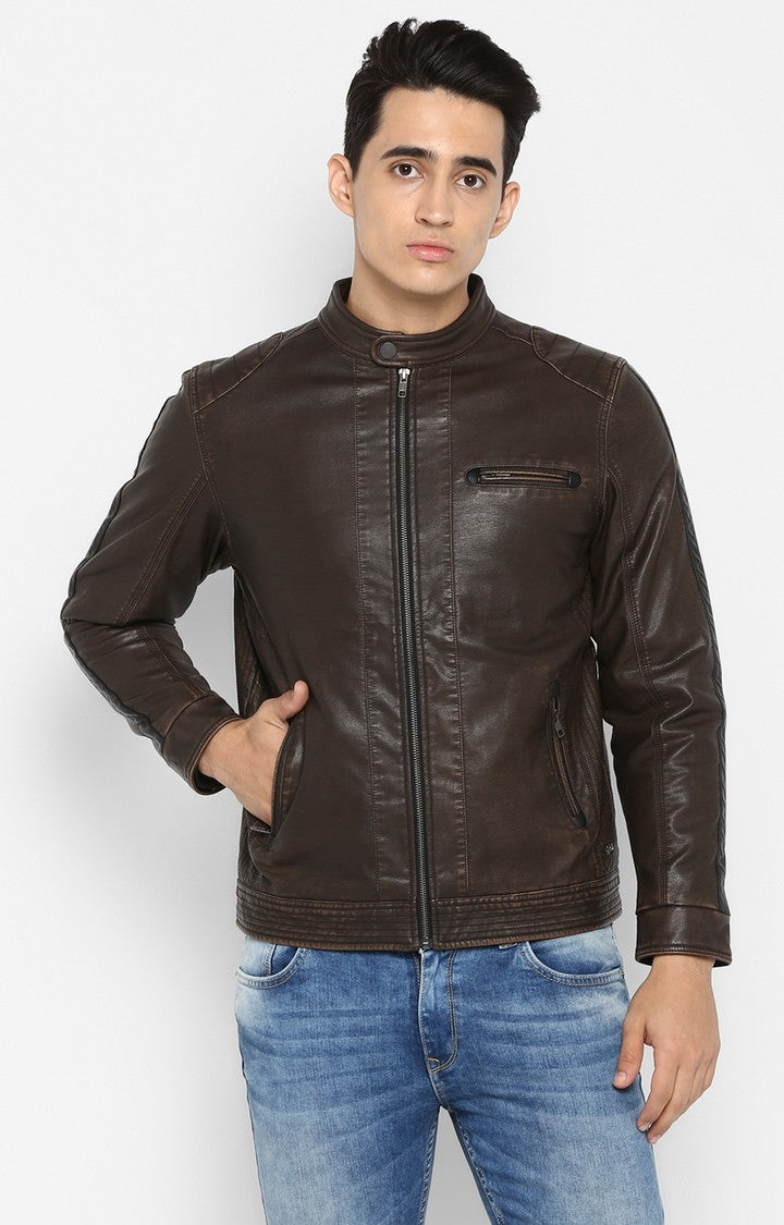 Spykar Brown Pu Slim Fit Jacket For Men