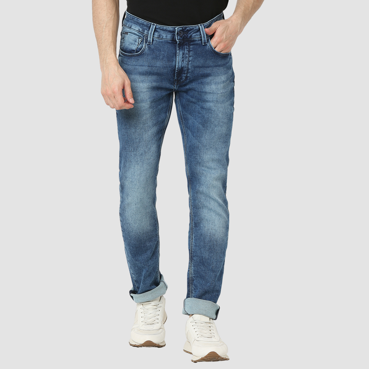 Spykar Mid Blue Mid Rise Regular Fit Casual Jeans For Men