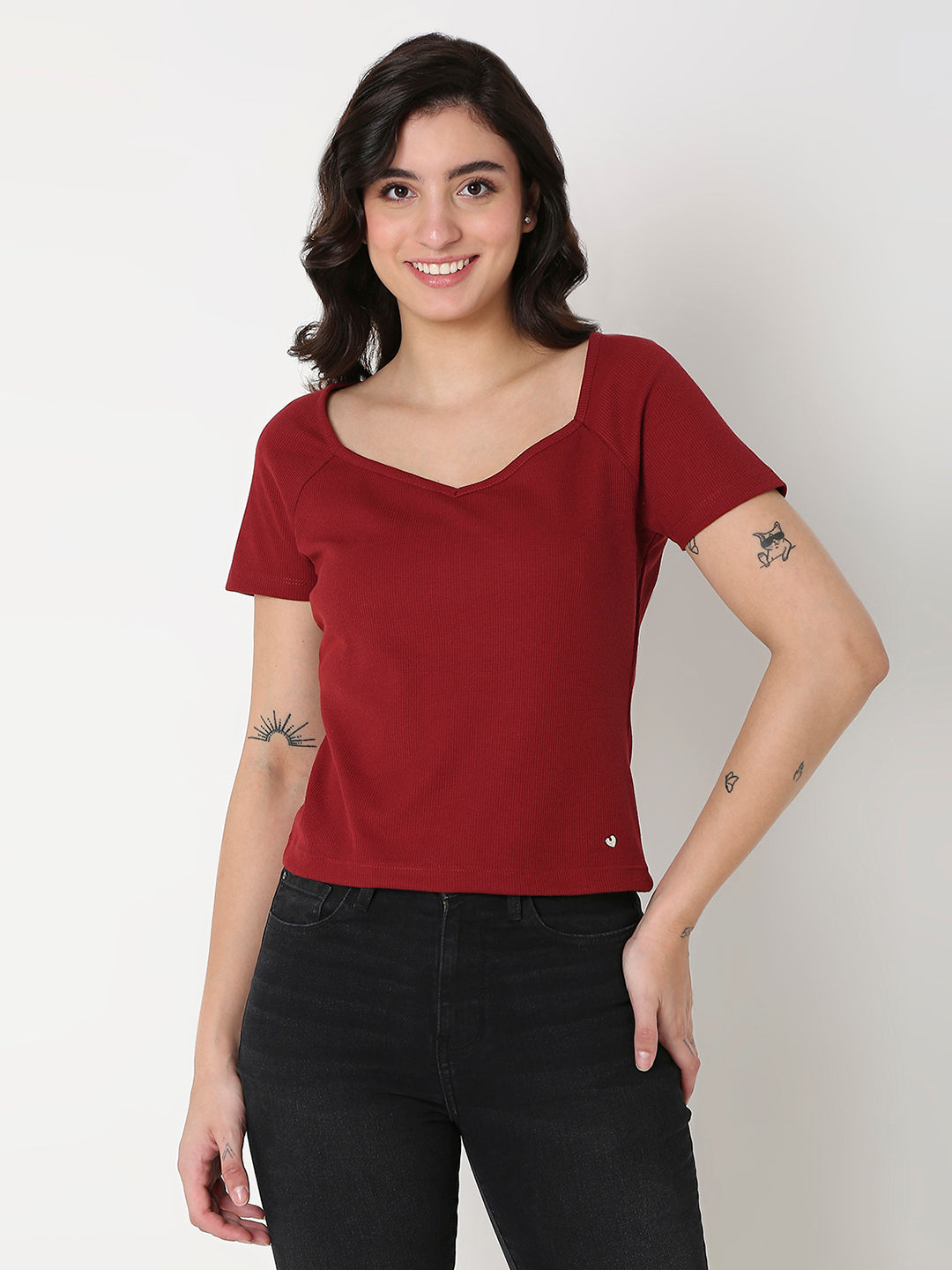 Spykar Maroon Slim Half Sleeve Solid T-Shirts For Women