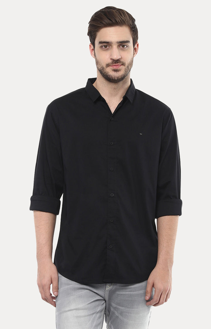 Spykar Black Cotton Slim Fit Shirts For Men