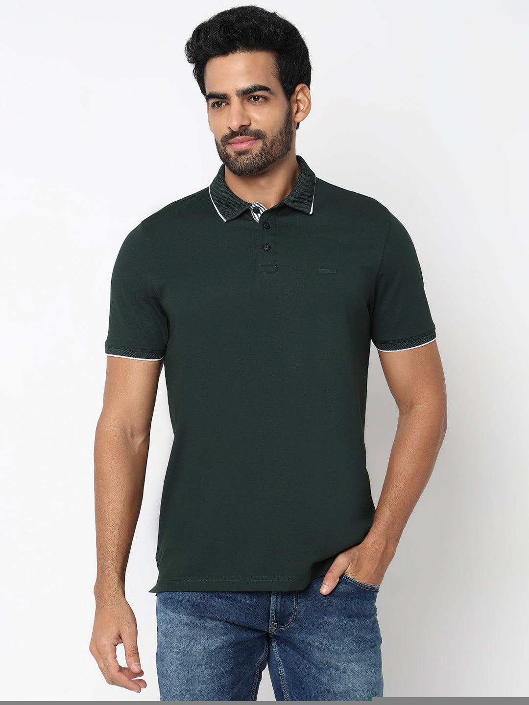 Spykar Bottle Green Slim Fit Casual T-Shirts For Men