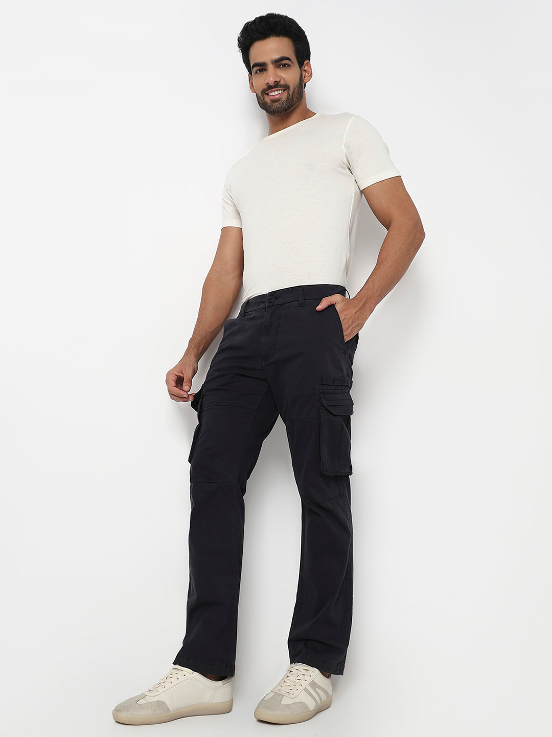 Spykar Navy Blue Mid Rise Regular Fit Casual Trouser For Men