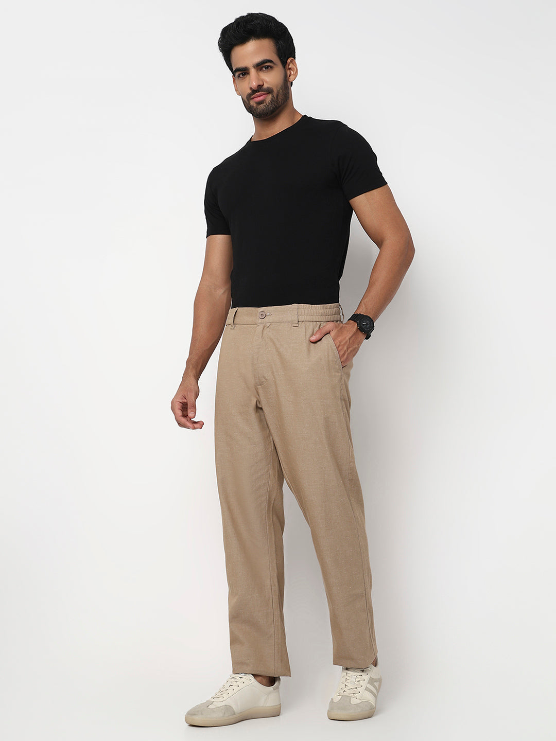 Men Trouser Regular Fit Khaki Mid Rise