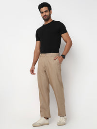 Men Trouser Regular Fit Khaki Mid Rise