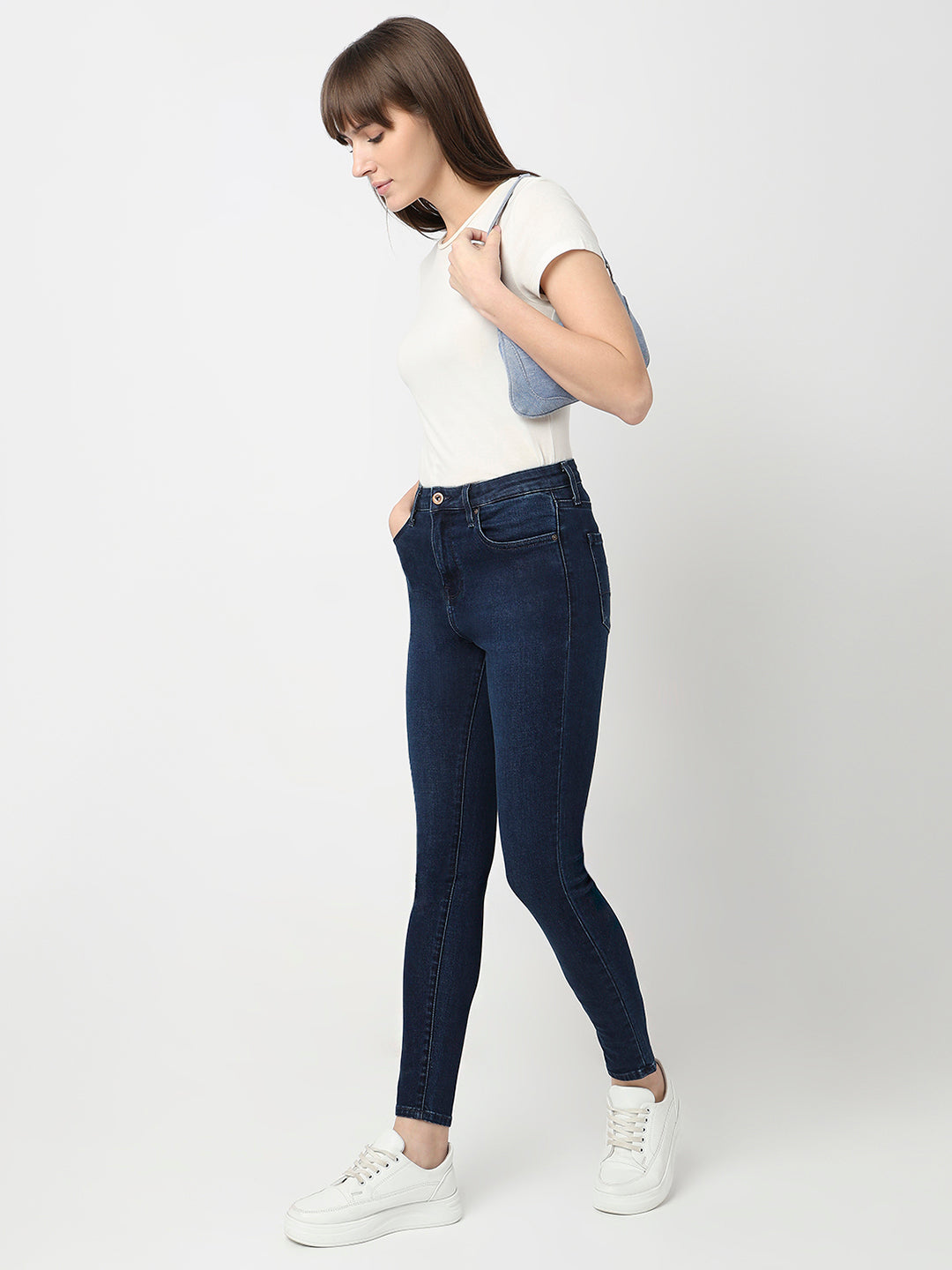 Spykar Dark Blue High Rise Super Skinny Fit Casual Jeans For Women