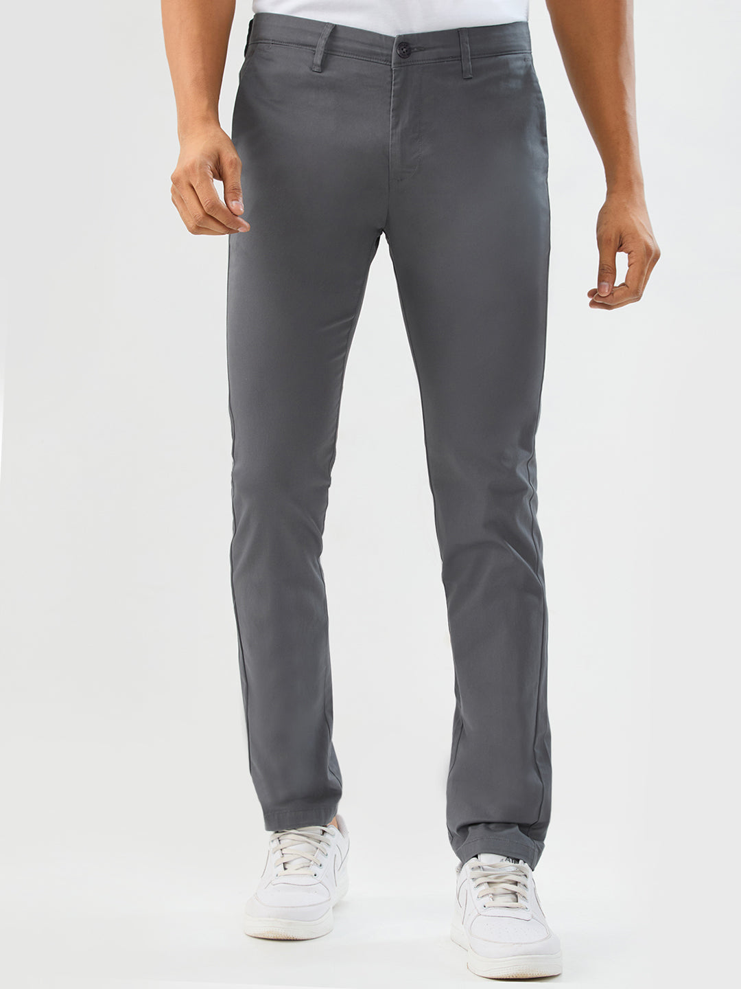 Spykar Dark Grey Slim Fit Mid Rise Trousers For Men