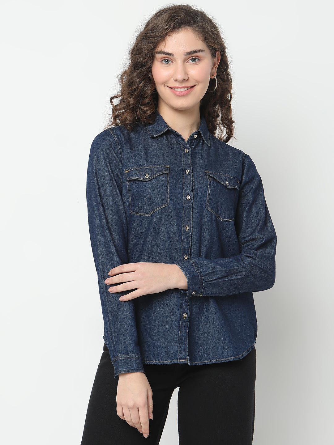 Spykar Full Sleeves Solid Blue Shirts for Women