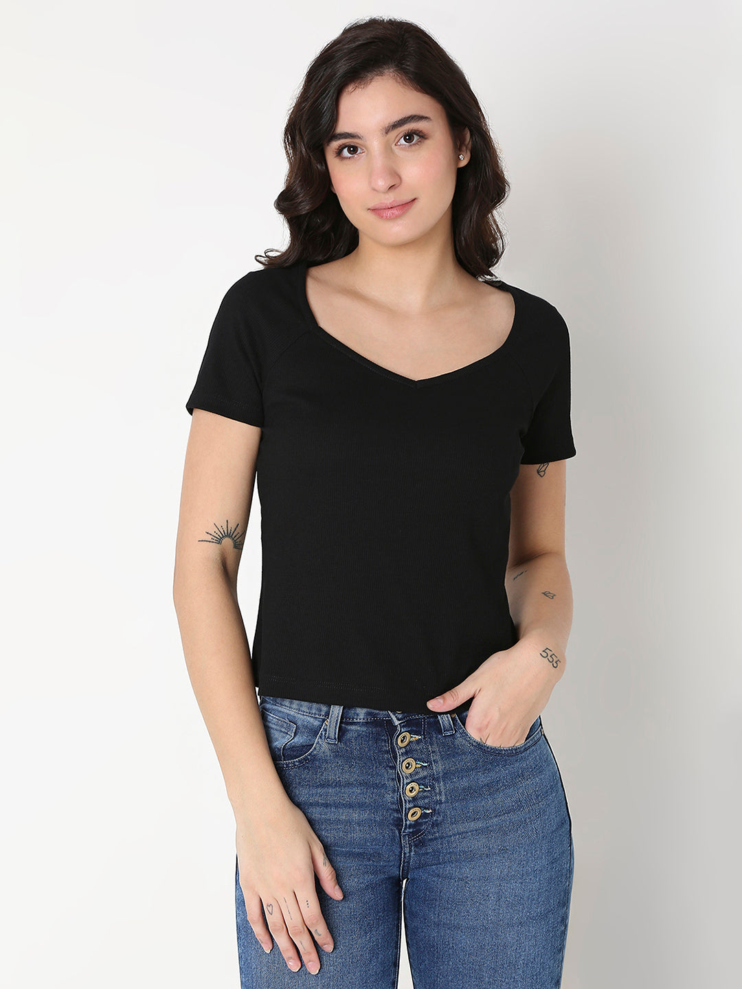 Spykar Black Slim Fit Half Sleeve Solid T-Shirt For women