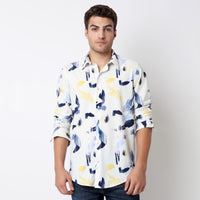 Men Shirt Print White Slim Fit