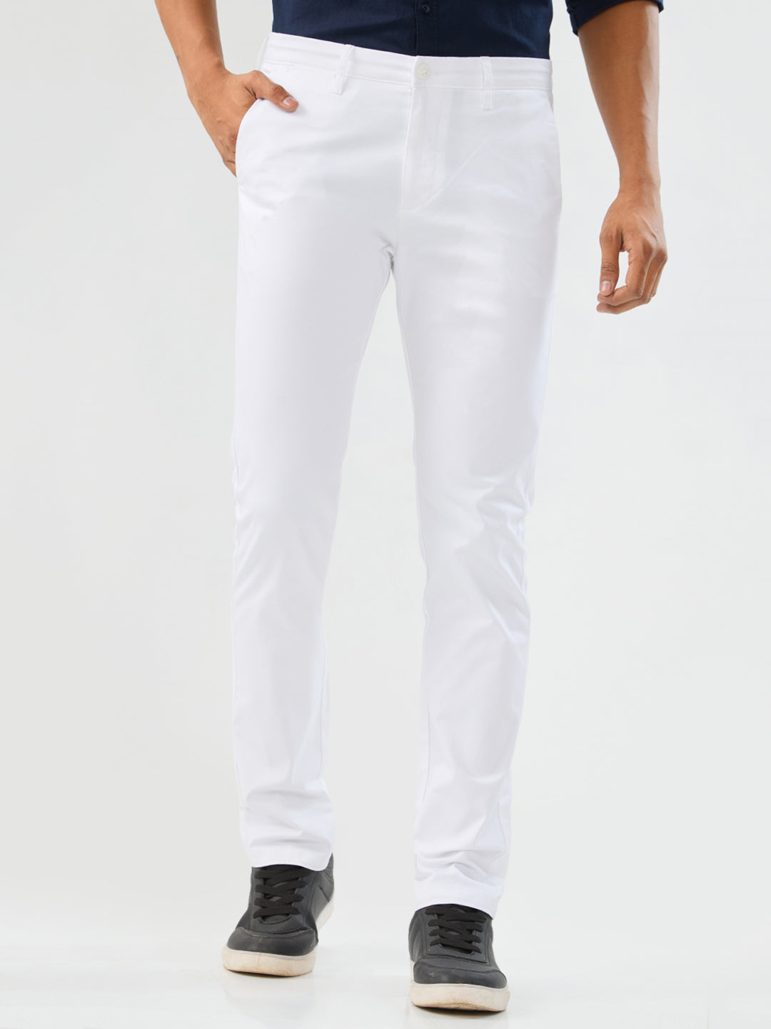 Men Trouser Slim Fit White Mid Rise
