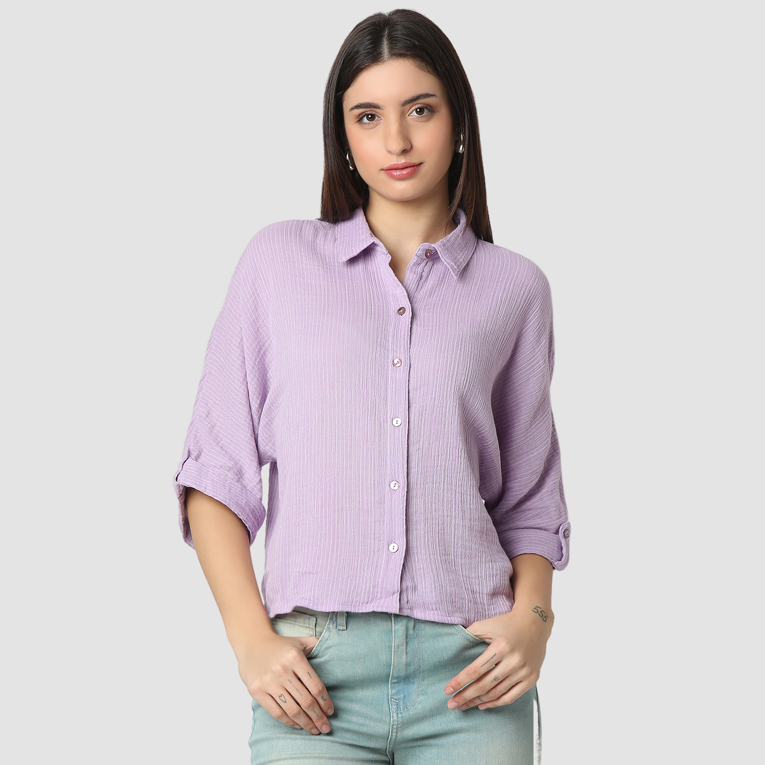 Spykar Crocus Purple Boxy Fit Casual Shirts For Women