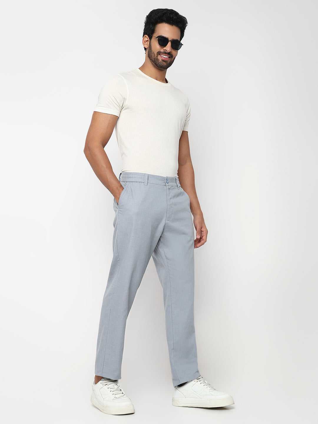 Men Trouser Regular Fit Grey Mid Rise