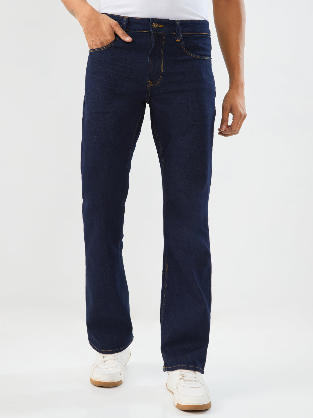 Spykar Raw Blue Regular Fit Boot Cut Mid Rise Jeans For Men