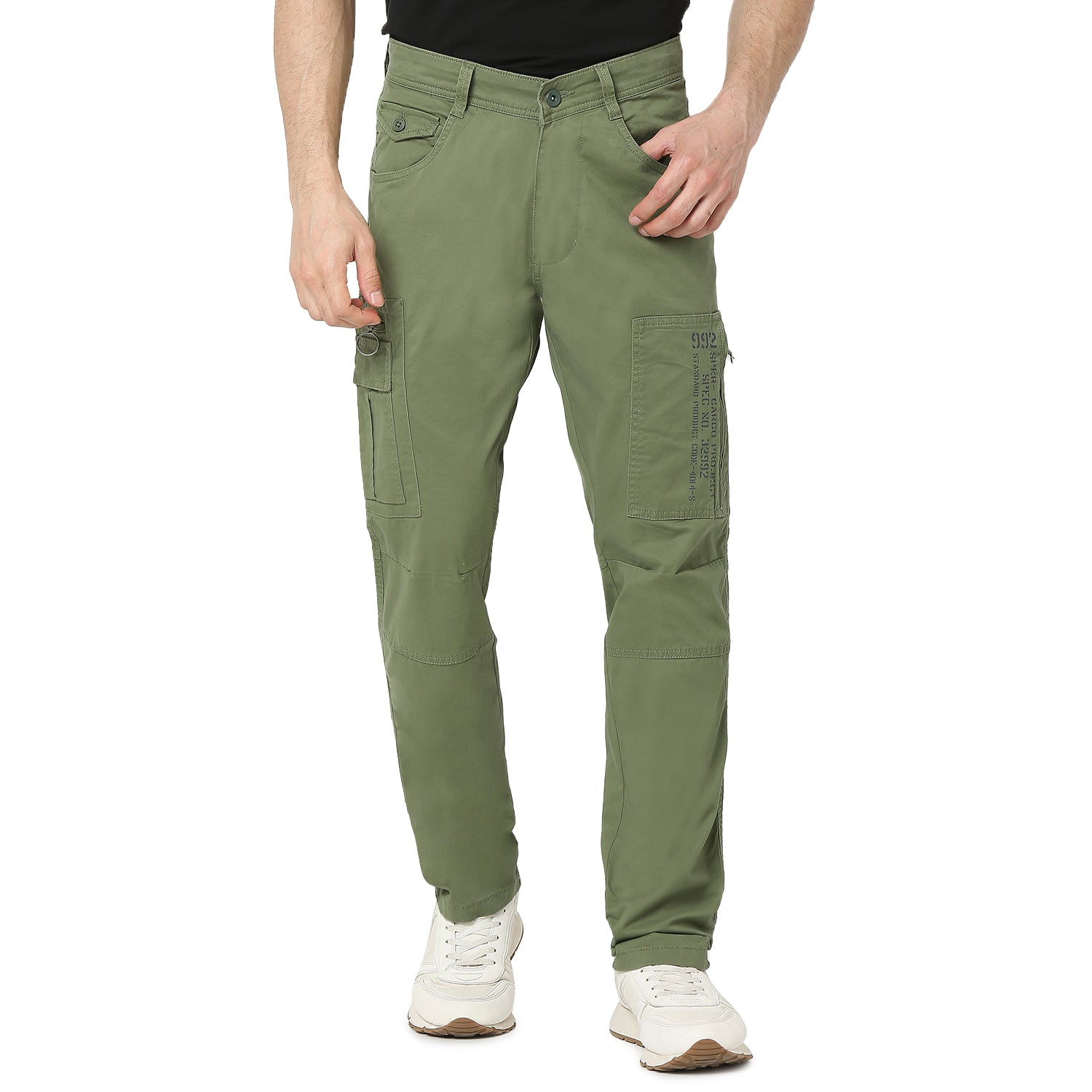 Spykar Sage Green Mid Rise Cargo Fit Casual Trouser For Men