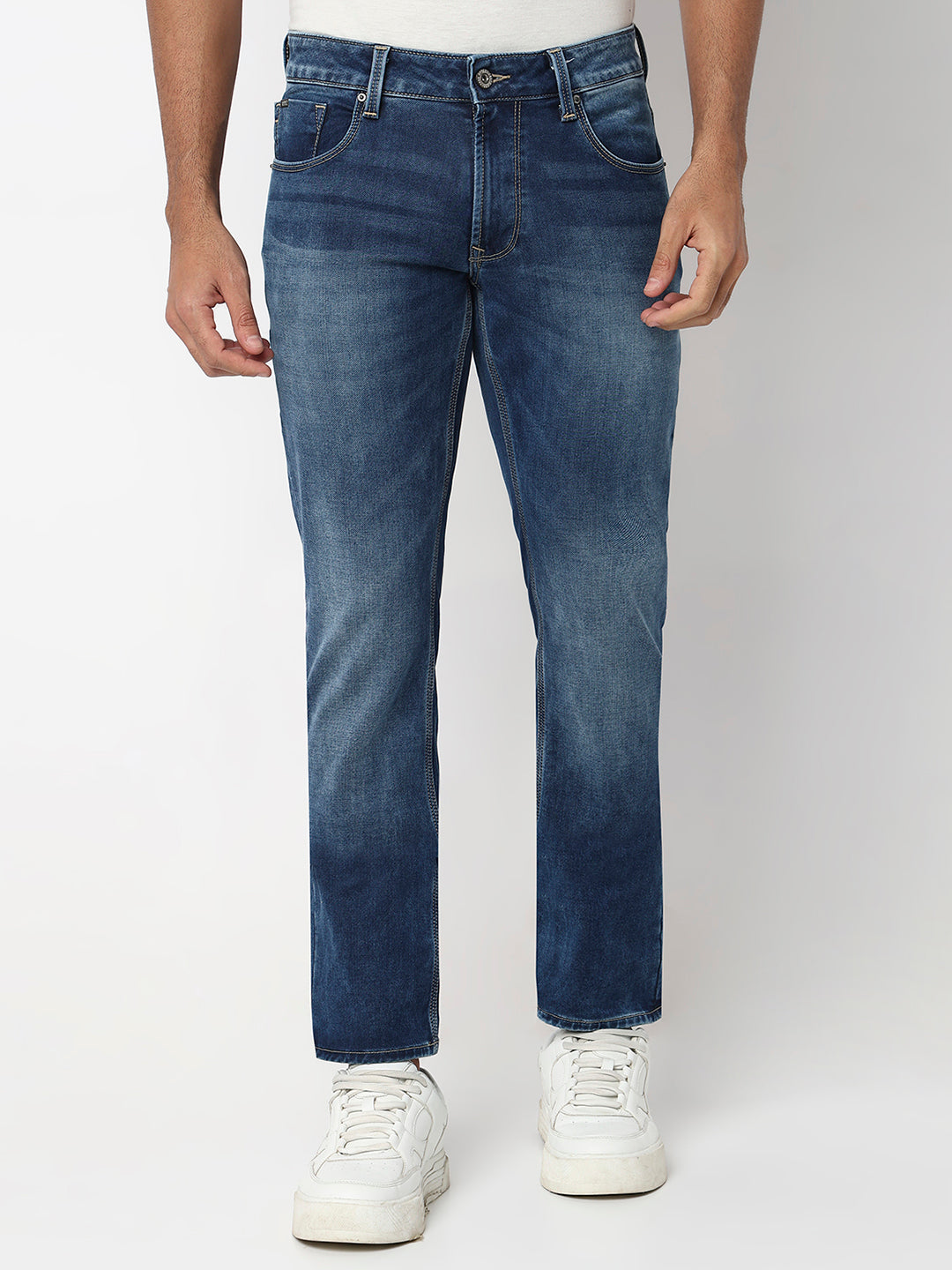 Spykar Dark Blue Mid Rise Regular Fit Casual Jeans For Men
