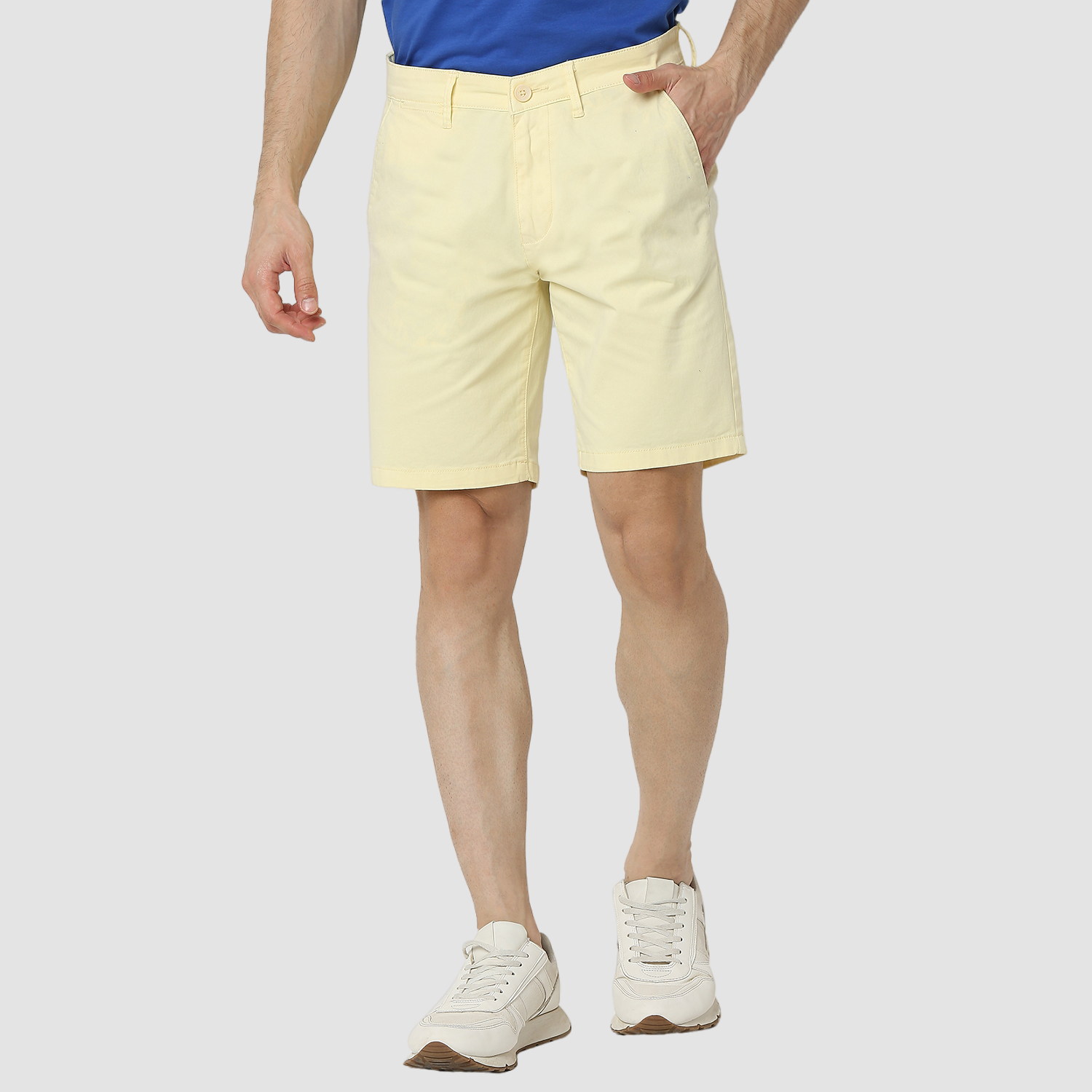 Spykar Butter Yellow Mid Rise Straight Fit Casual Shorts For Men