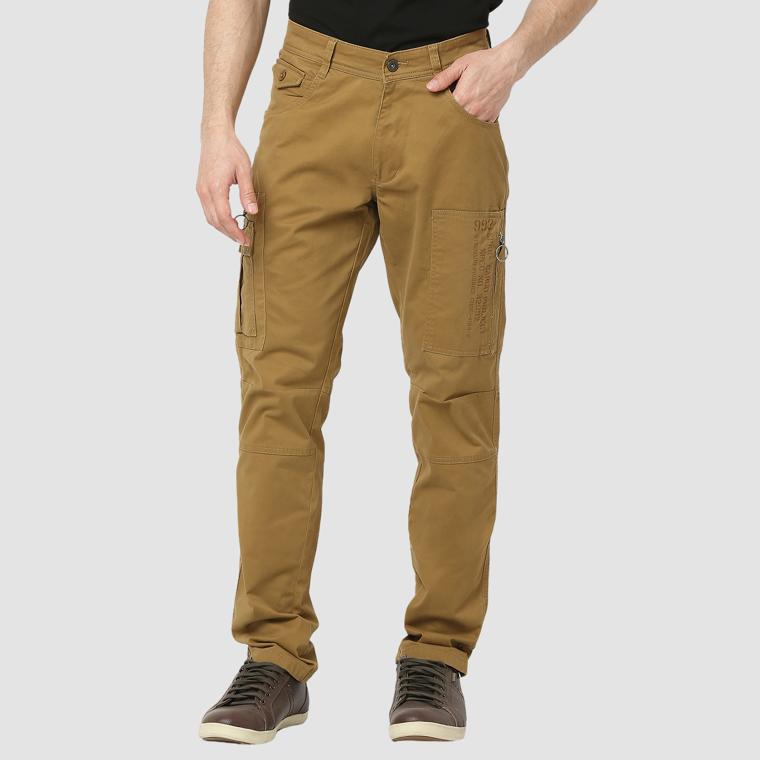 Spykar Camel Khaki Mid Rise Cargo Fit Casual Trouser For Men