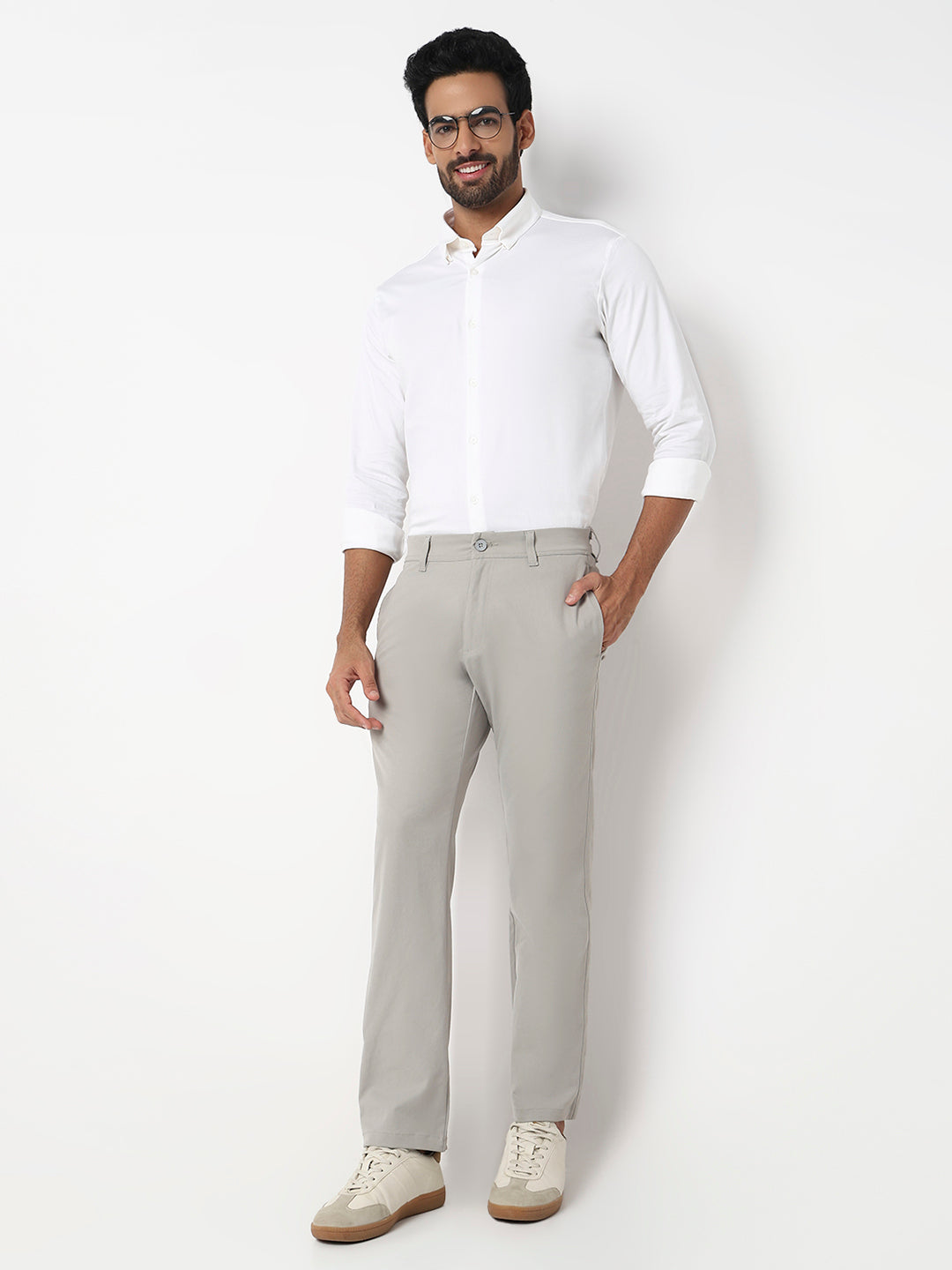 Men Trouser Comfort Fit Grey Mid Rise