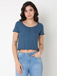 Women T-Shirt Blue Solid Slim Fit