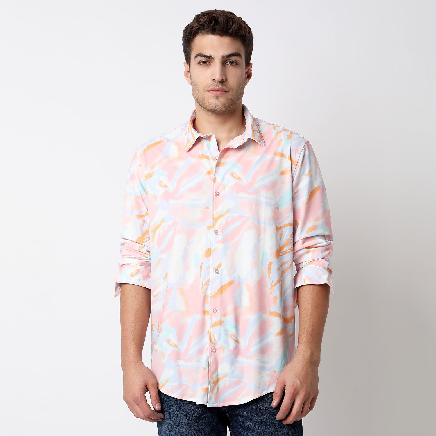 Men Shirt Print Pink Slim Fit
