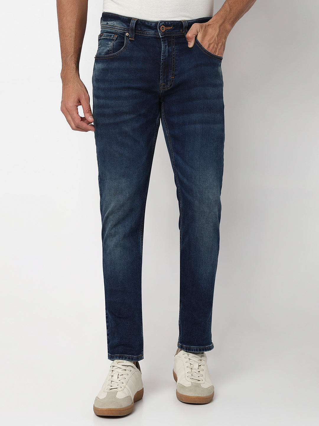 Spykar Dark Blue Mid Rise Regular Fit Casual Jeans For Men