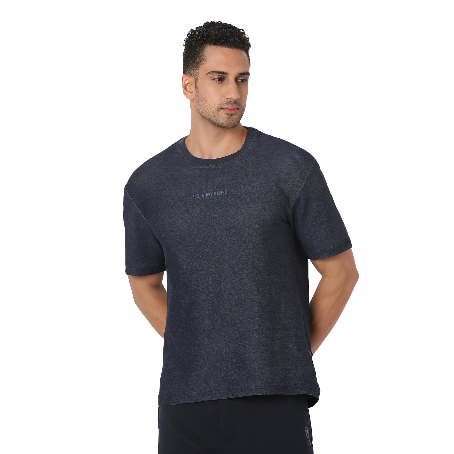 UnderJeans by Spykar Men Basic Dark Denim Blue Oversized T-Shirts