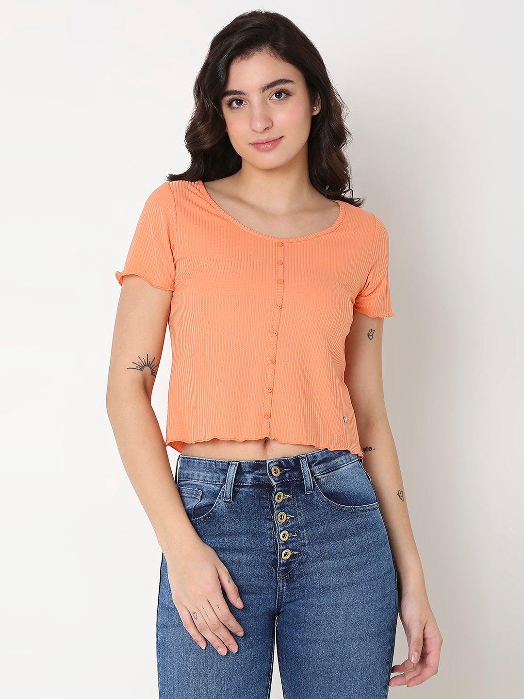 Spykar Orange Slim Half Sleeve Solid T-Shirts For Women